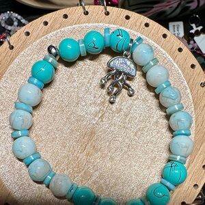 Aqua and White Beaded Bracelet with Silver Jellyfish Charm